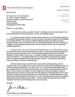 Letter of acceptance from James Phelan: black text on white paper