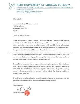 Letter of acceptance from Yasushi Watanabe: black text on white paper
