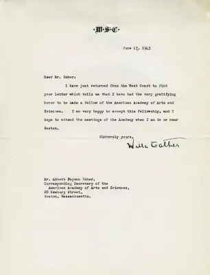 Willa Cather Letter of Acceptance 1943
