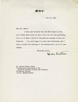 Willa Cather Letter of Acceptance 1943