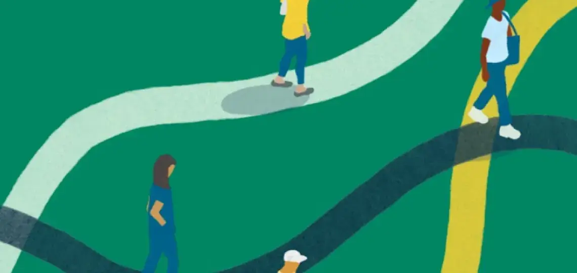 Green background with people walking on intersecting pathways.