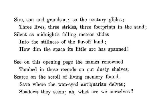 Opening stanzas of Oliver Wendell Holmes' poem to the Academy, 1880