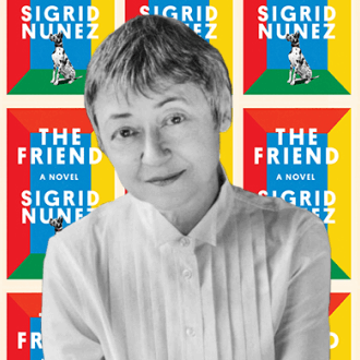 Portrait of author Sigrid Nunez against backdrop of her book, The Friend.