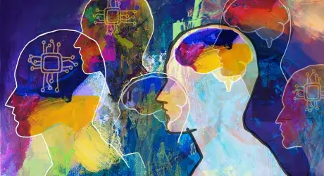 Illustration with profiles of heads and variety of colors in an abstract motif. 
