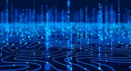 Abstract image in blue with lights, lines, curved lines, and bright dots.