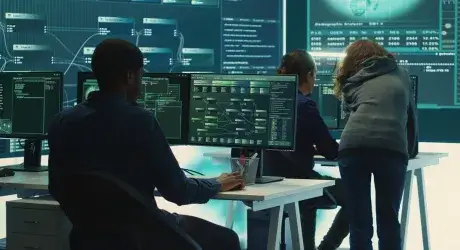 Photo of people working on cybersecurity with computers, large screens, and map. 