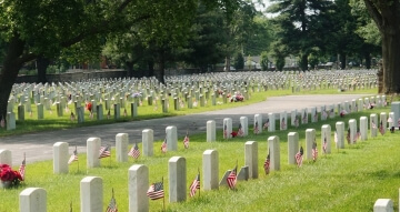 Cemetery with American Flags at Gravestones