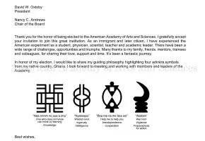 Typewritten letter from Rexford S. Ahima with four adinkra symbols and translations, April 19, 2023
