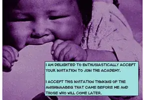 Historic photograph of an infant chewing on a pamphlet, with titles in comic book style text blocks