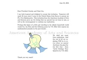 Typewritten letter with color illustration from Hee Oh