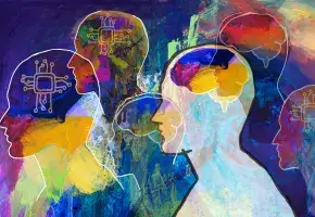 Illustration with profiles of heads and variety of colors in an abstract motif. 