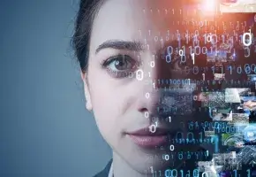 Woman's face looking ahead with layers of binary number and photographic images superimposed on half her face. 