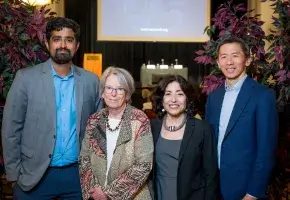 Posed portrait of the four speakers at the Berkeley event on artificial intelligence.