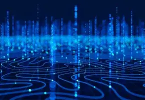 Abstract image in blue with lights, lines, curved lines, and bright dots.