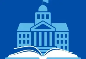 Icon of government building atop icon of an open book. 