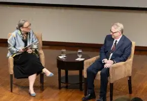 David Dunning and Laurie Patton in conversation at Sunday Morning program of Induction 2025.