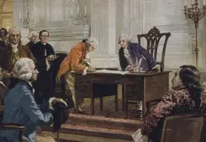Painting of George Washington, Benjamin Franklin, and others at the signing of the U.S. Constitution.