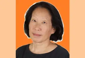 Picture of author Gish Jen against orange background, matching the cover of her Bad Bad Girl book. 
