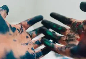 Hands covered in paint. 