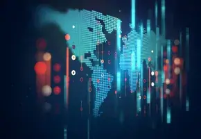 A blue and white globe with a digital pattern is displayed.