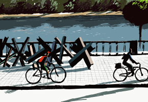 A painting of two people riding bicycles past anti-tank obstacles beside a river in Ukraine. The day is sunny and green trees stand across the riverbank.