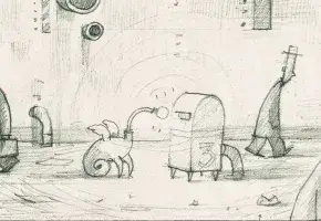 A detail of an illustrated storyboard by Shaun Tan showing dejected commuters from the perspective of a passing tram. Hidden among them is a strange winged creature with a lightbulb for a head, representing an alternative to the bleak urban industrial environment.