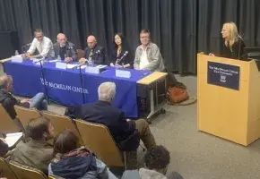 Seated from left: Samuel Kortum, Paul Kennedy, Ian Shapiro, Jing Tsu, and Arne Westad. Frances Rosenbluth moderated the discussion from the podium.