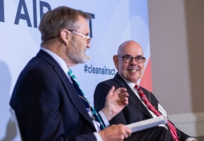 Former Rep. Philip Sharp (D-Ind.) and former Rep. Henry Waxman (D-Calif.) speak at a forum discussing lessons from the Clean Air Act.