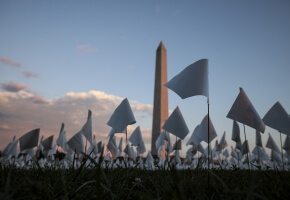 The “In America: Remember” public art installation in Washington, D.C., commemorated Americans who have died due to Covid-19. The installation, a concept by artist Suzanne Brennan Firstenberg, featured more than 650,000 small plastic flags planted in 20 acres of the National Mall.