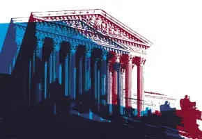 Supreme Court of the US building with a stylized digital filter.