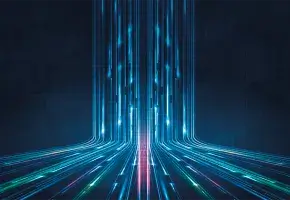 Abstract image with bright blue lights against dark backdrop. 