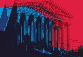 Stylized illustration of the Supreme Court building. There are three transparent images of the building on top of one another in light blue, dark blue, and dark red. The background of the illustration is a bright red.