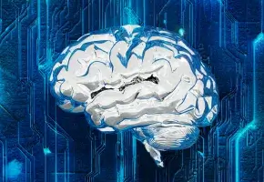 Image of a white brain against a blue computer circuit board. 