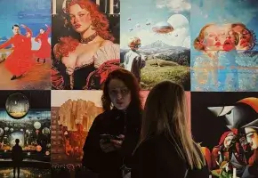 Two women talking against a collage grid of images. 