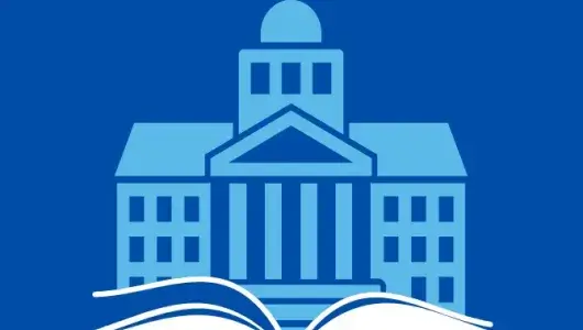 Icon of government building atop icon of an open book. 