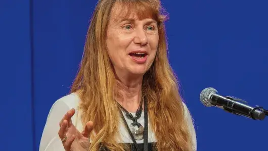 Maja Mataric (USC) delivering remarks at Induction in 2023.