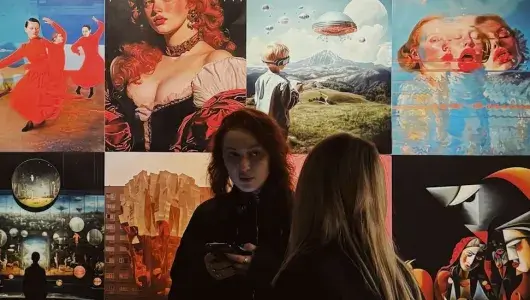 Two women talking against a collage grid of images. 