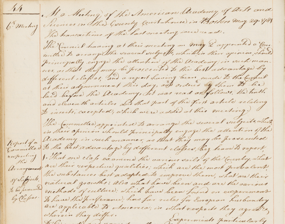 Detail from Minutes of Stated Meeting on May 29, 1781, discussing subjects of study for the Academy