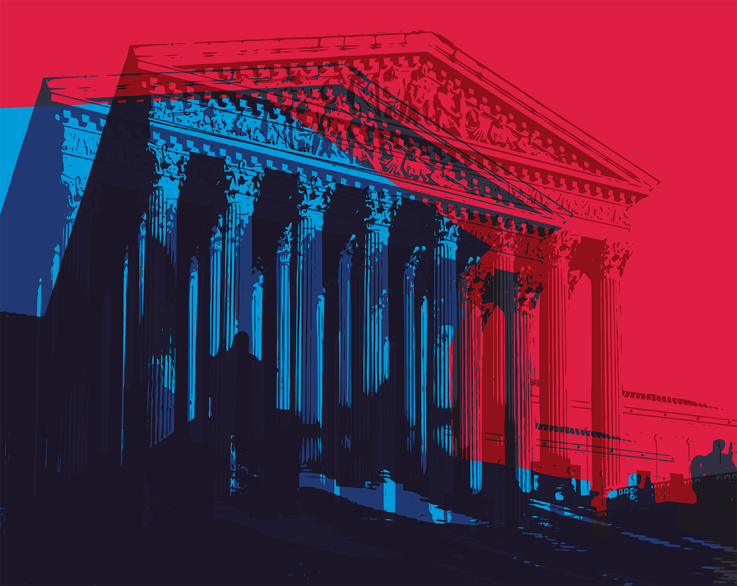 Stylized illustration of the Supreme Court building. There are three transparent images of the building on top of one another in light blue, dark blue, and dark red. The background of the illustration is a bright red.